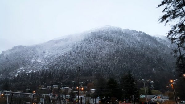 Snow covers Mount Juneau, Sunday, Oct. 16. (Photo by Tripp Crouse/KTOO)