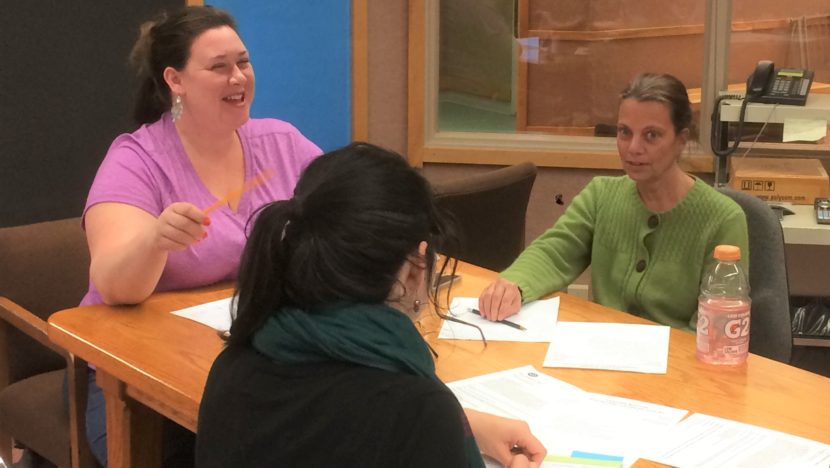 Frances Ziel, right, during an advisory school board meeting. (Photo by Quinton Chandler, KTOO - Juneau)