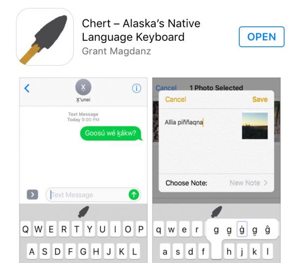 The new Chert app consolidates characters from all 20 Alaska Native languages on an iPhone keyboard. (Image: Zachariah Hughes, Alaska Public Media - Anchorage)