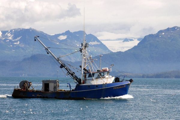 Gillnet boat in the ocean with mountains in the background
