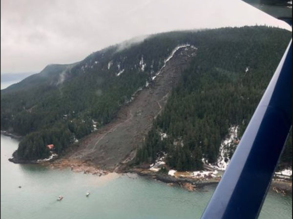 A large landslide in Haines, Alaska as seen from the air.