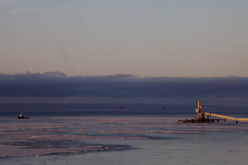 An oil platform at dusk