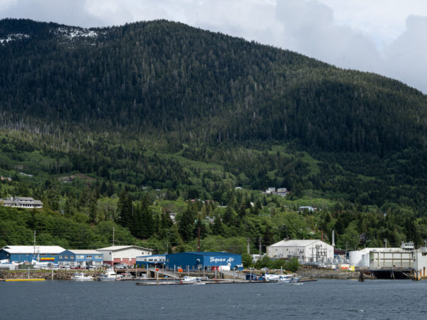 A town in front of a mountain with floatplanes in front