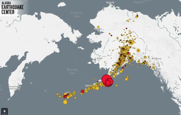 A map showing a red dot on the peninsula of ALaska