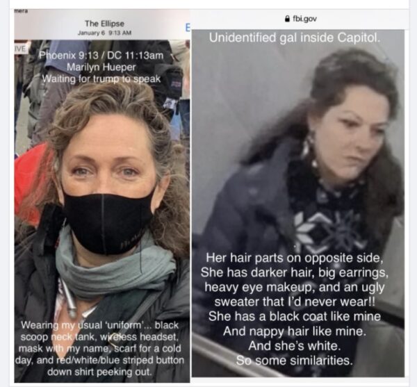 screen shot of two women wearing black coats. Text is imposed over photos.