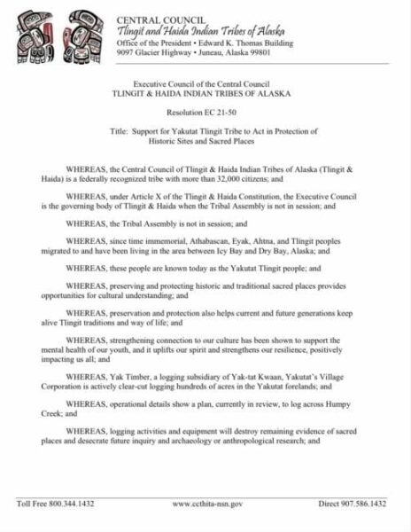 A resolution passed September 28 by Southeast Alaska’s regional tribal government in solidarity with the Yakutat Tlingit Tribe.