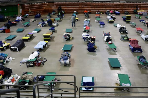 Rows of portable cots and plastic totes fill the floor space of the Sullivan Arena shelter