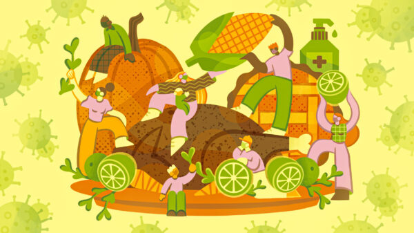 An illustration shows cartoon people around a cooked turkey and pumpkin.