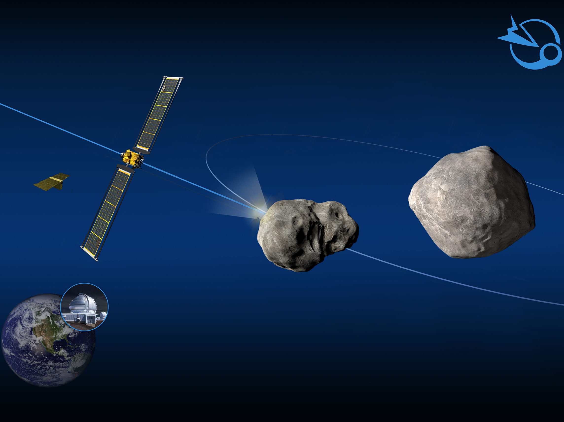 An illustration of asteroids and a spacecraft.