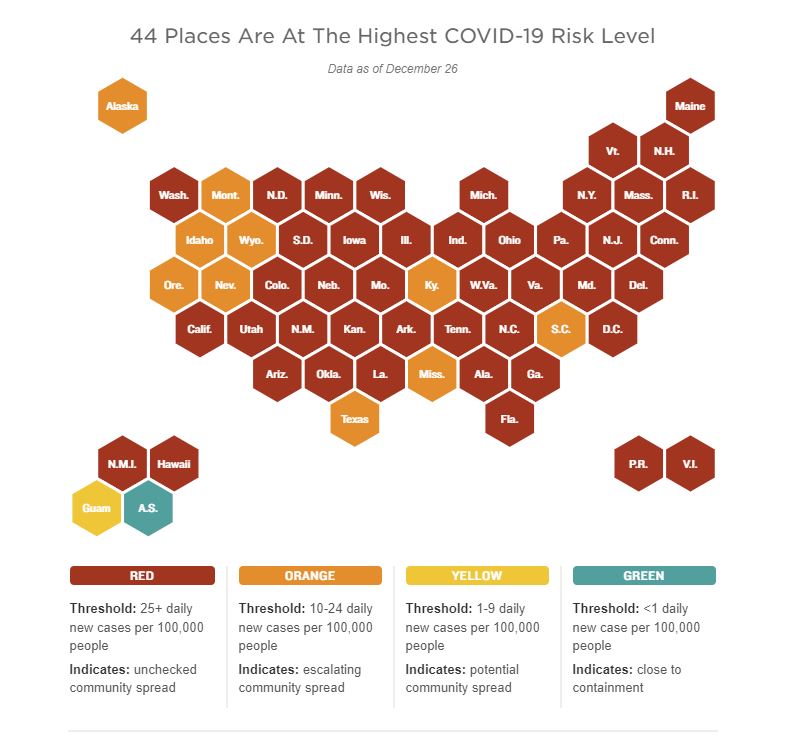 A map shows, by color, which states have the worst COVID rates.