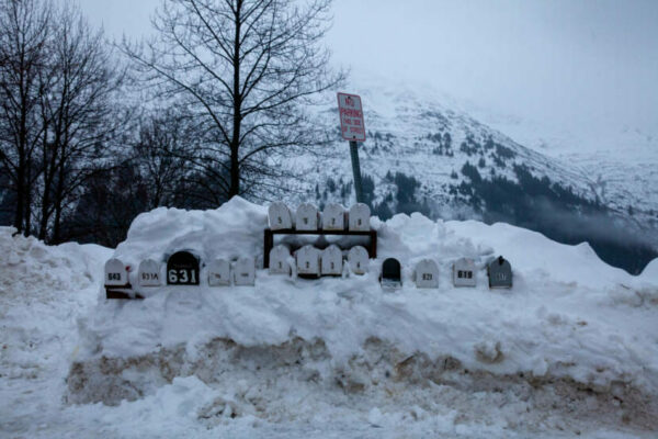 A row of post boxes in a deep snow bank