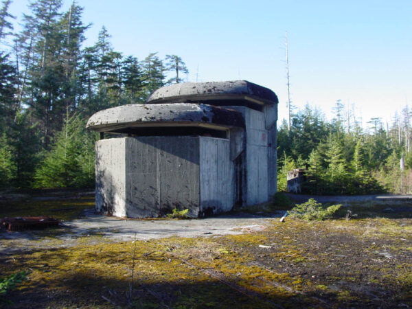An abandoned concrete structure sits among spruce trees.