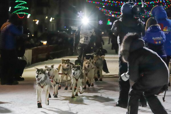 a musher and a dog team arrive at the finish line