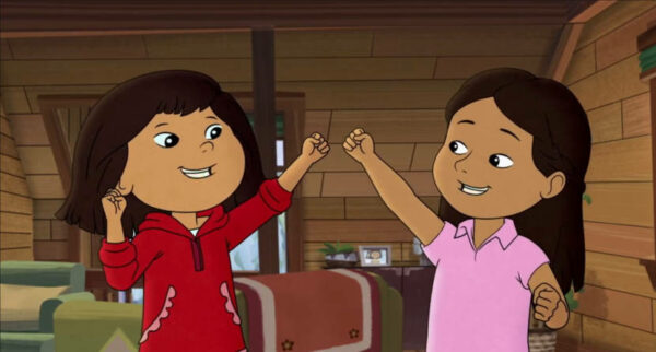 Two cartoon character girls giving each other a high five