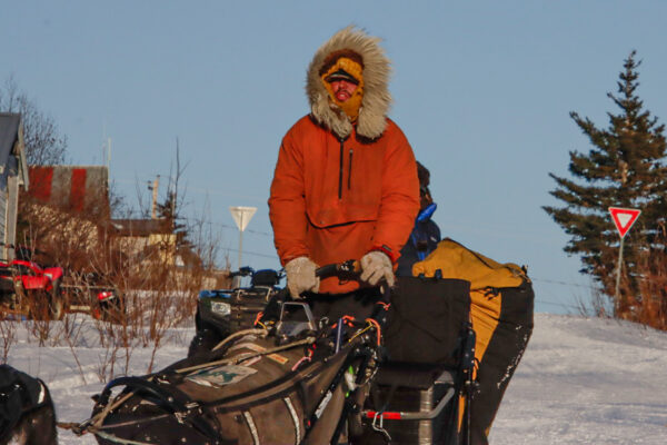 A musher on back of a sled