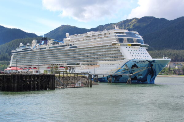 A large cruise ship docked in Juneau
