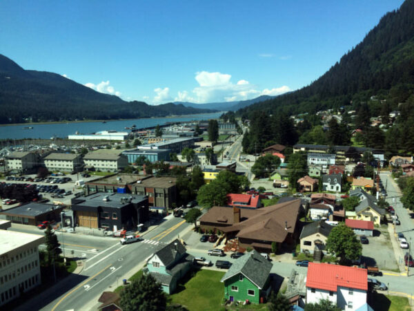 A photo of downtown Juneau taken from the roof of a building