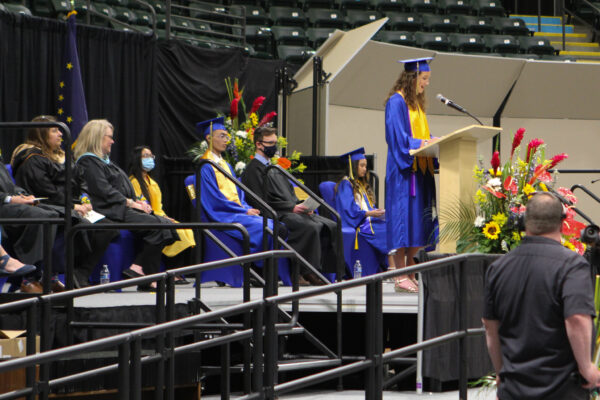 Lucy Atkinson speaks as class valedictorian for the Bartlett High School graduation.