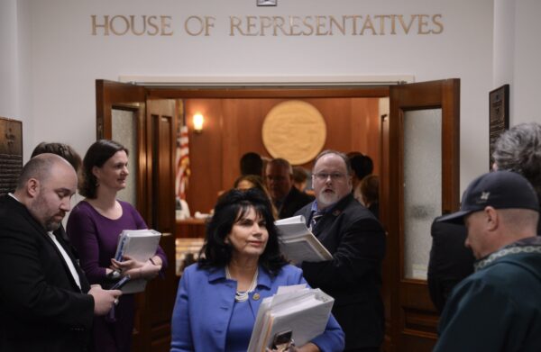 A woman walks out of the house of representatives to a small crowd