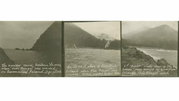 three black and white images of a mountain and water