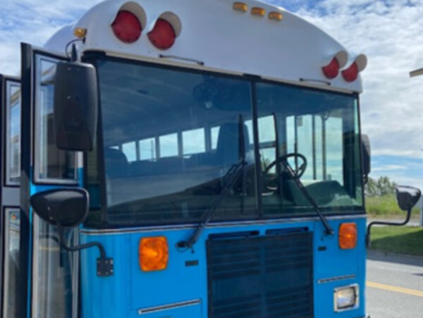 blue and white bus