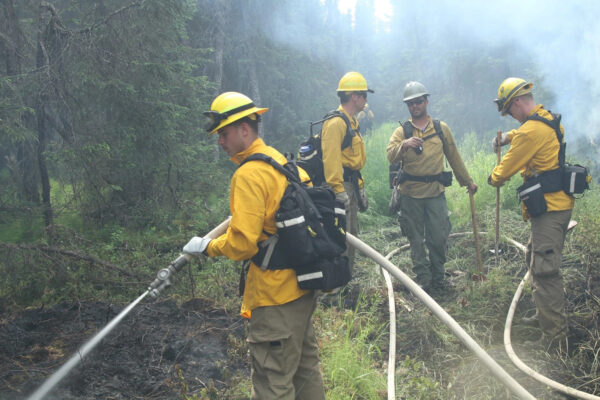a group of firefighers in smokey woods